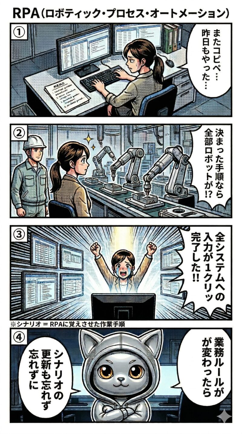 RPAのソフトウェアロボットが人間の代わりに複数システムへのデータ転記を自動でこなす様子を描いた4コマ漫画。手作業の繰り返しから自動化で解放されるまでをわかりやすく図解。