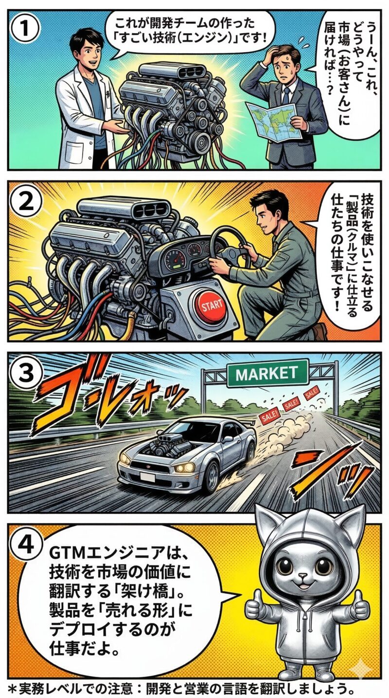 GTMエンジニアが高度な技術を市場価値のある製品へと変換し、開発と営業のギャップを埋める役割を果たす様子を描いた4コマ漫画。