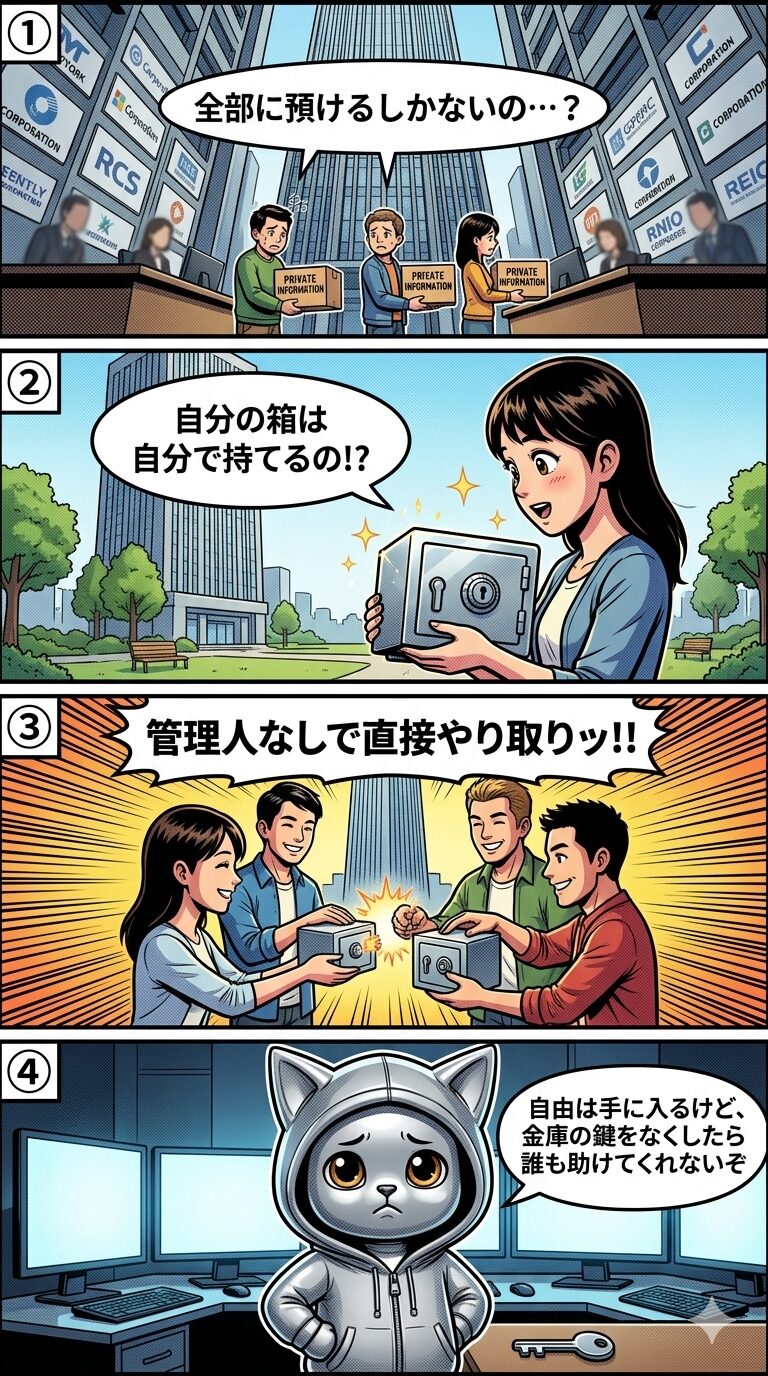 Web3の分散型ネットワークを住民と巨大ビルの関係に例えた4コマ漫画。大企業にデータを預ける仕組みから個人管理へ移行するメリットと、秘密鍵紛失のリスクを描いたイラスト