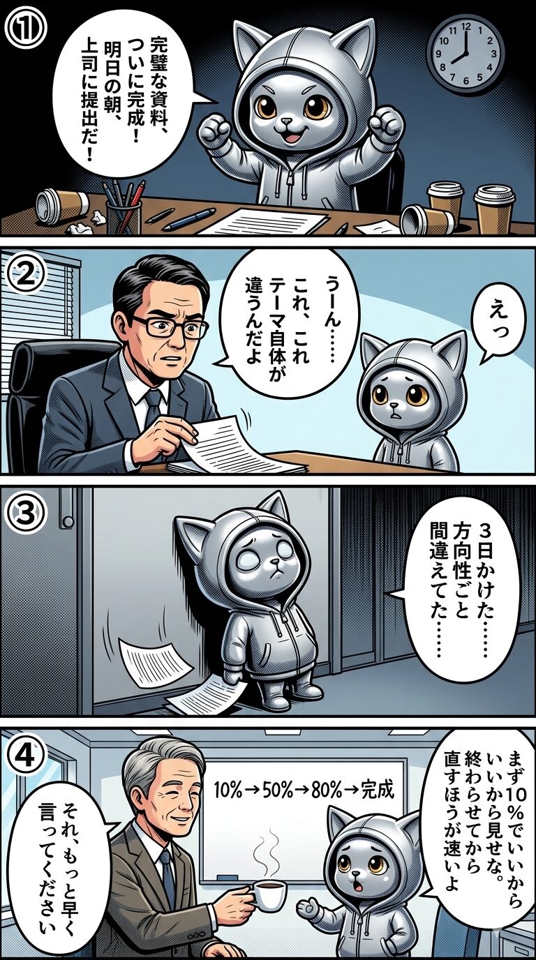 完璧な資料を仕上げたのに方向性が違って没になり、先輩から「まず10%で見せろ」とアドバイスされる漫画。