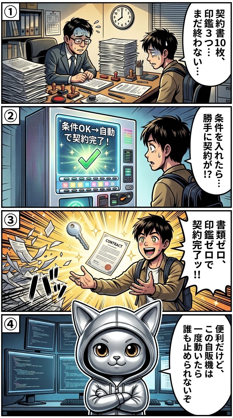 スマートコントラクトの自動契約の仕組みを不動産契約と自動販売機に例えた4コマ漫画。書類や印鑑なしで契約が完了する便利さと、一度実行したら修正できないリスクを描いたイラスト