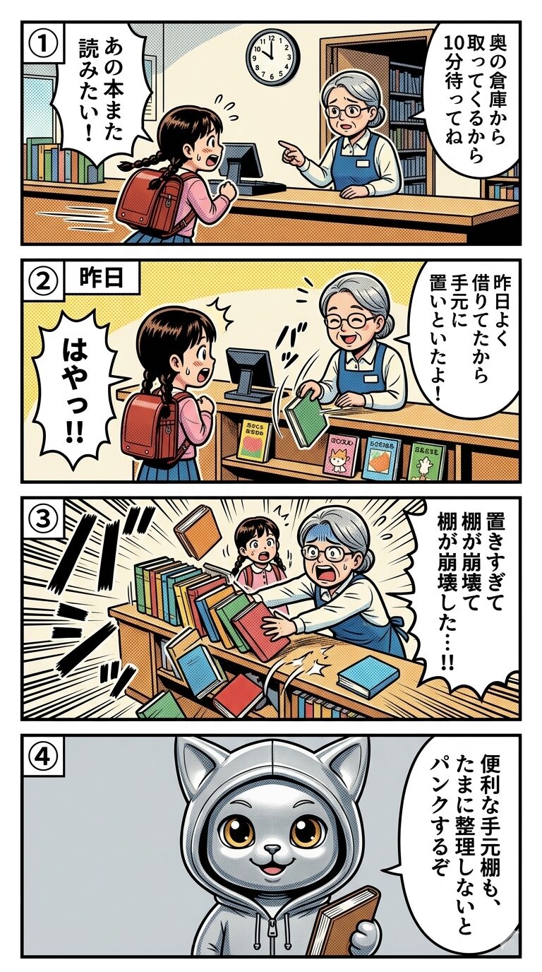 キャッシュの仕組みを図書館の手元棚に例え、データの一時保存による高速化と溜めすぎによる不具合を4コマ漫画で解説するイラスト