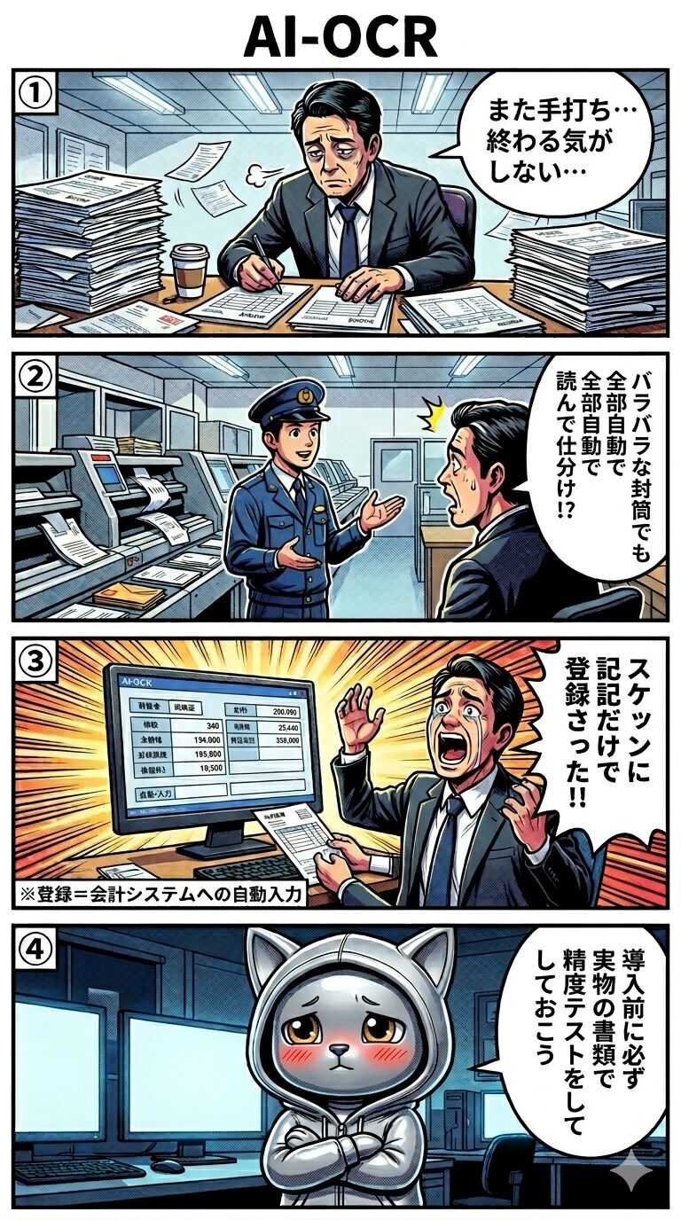 AI-OCRを使って紙の請求書をスキャンするだけで会計システムに自動入力される流れを描いた4コマ漫画。手入力の限界からAI-OCRによる自動化までをわかりやすく流れを描いた4コマ漫画