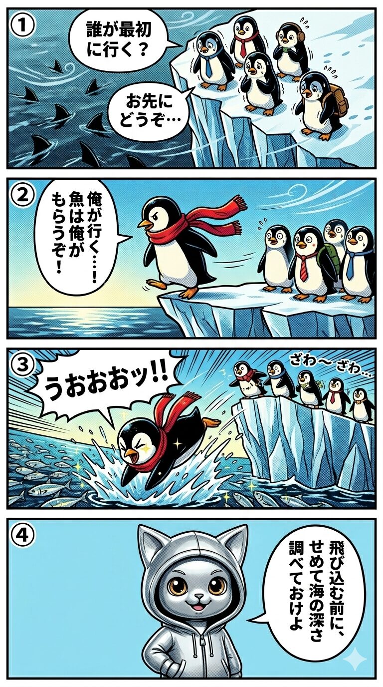 ファーストペンギンの意味を氷の崖からのダイブに例え、リスクを取って最初に飛び込む者が先行者利益を得る構図を4コマ漫画で解説するイラスト