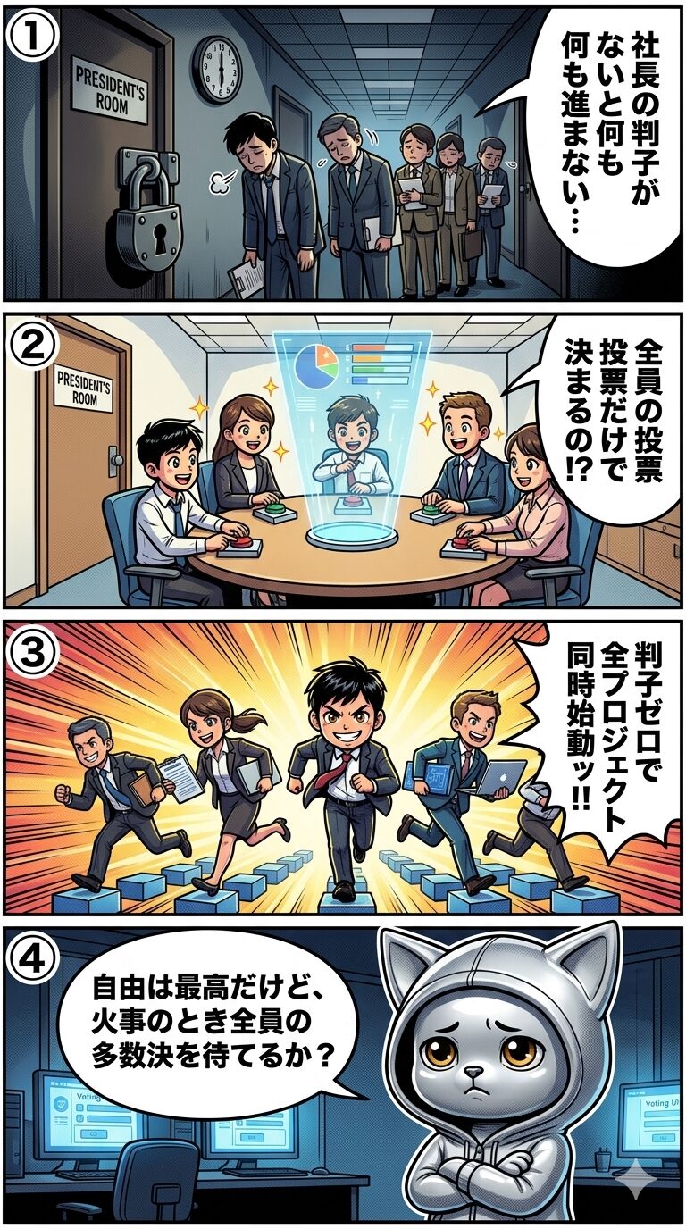 DAOの分散型意思決定を判子待ちの社内稟議に例えた4コマ漫画。社長の承認待ちから全員投票制への移行メリットと、緊急時の意思決定リスクを描いたイラスト