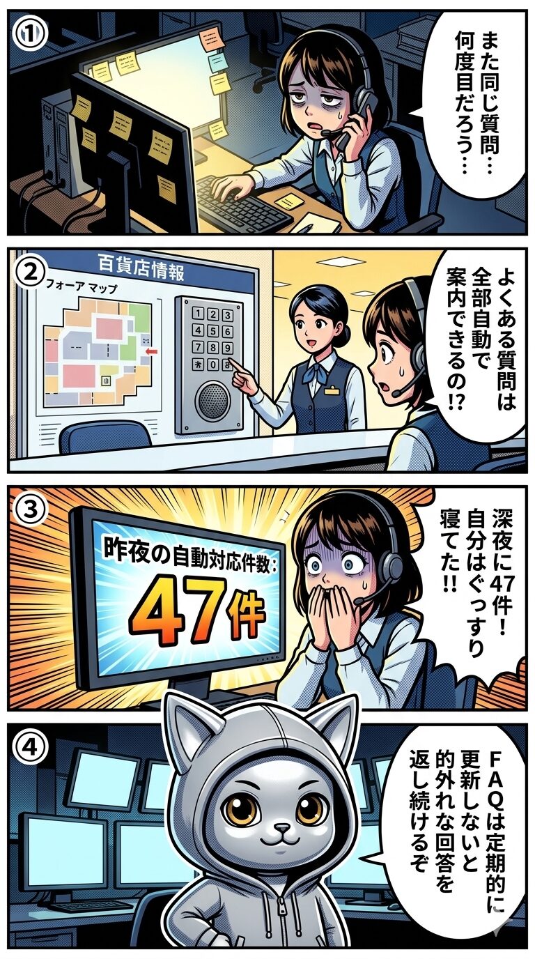チャットボットが深夜の問い合わせを自動対応し、翌朝出社したオペレーターが47件の自動処理件数に驚く様子を描いた4コマ漫画。繰り返しの問い合わせ対応から解放されるまでをわかりやすく図解。