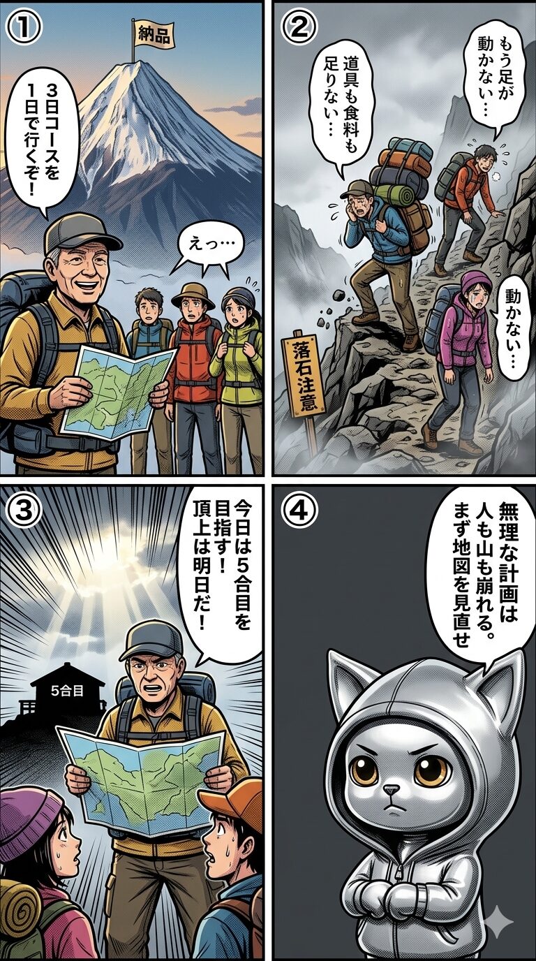 デスマーチを登山に例え、無謀な計画が現場を追い詰める過程と計画見直しの重要性を4コマ漫画で解説するイラスト