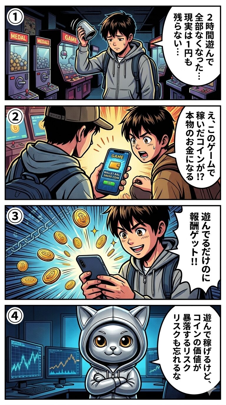 GameFiの仕組みをゲームセンターのメダルに例え、遊んで稼げる仕組みとトークン暴落リスクを描いた4コマ漫画