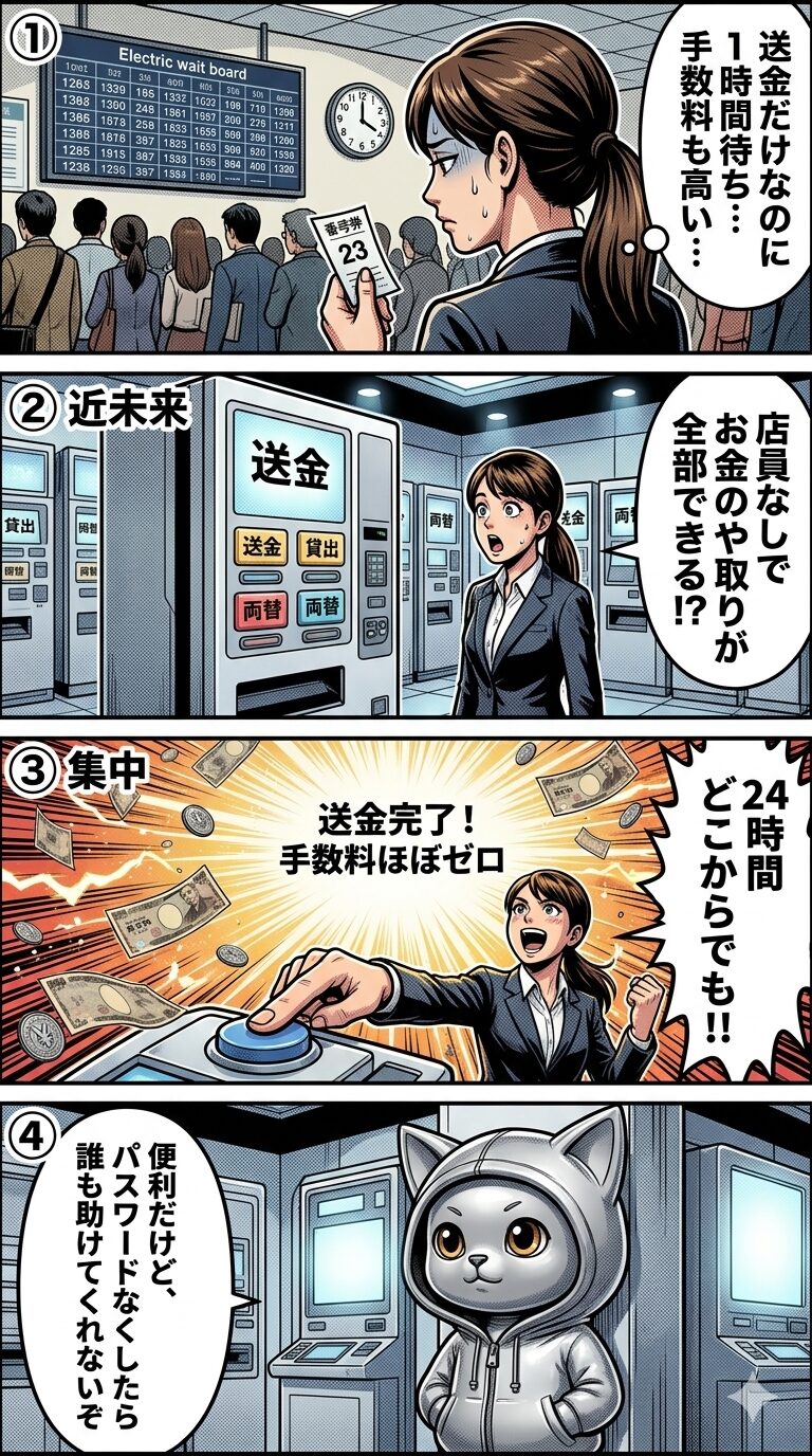DeFiの仕組みを自動販売機に例え、銀行の窓口待ちから解放される利便性と自己管理の責任を描いた4コマ漫画