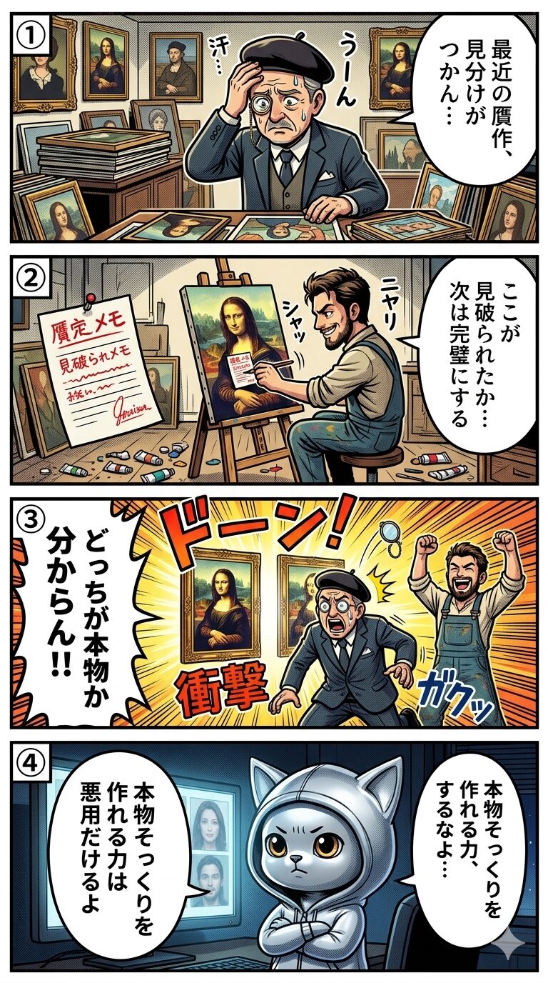 GANの仕組みを贋作画家と鑑定士の対決に例えた4コマ漫画。生成器と識別器が競い合い本物と見分けがつかないデータを生み出す過程を描く