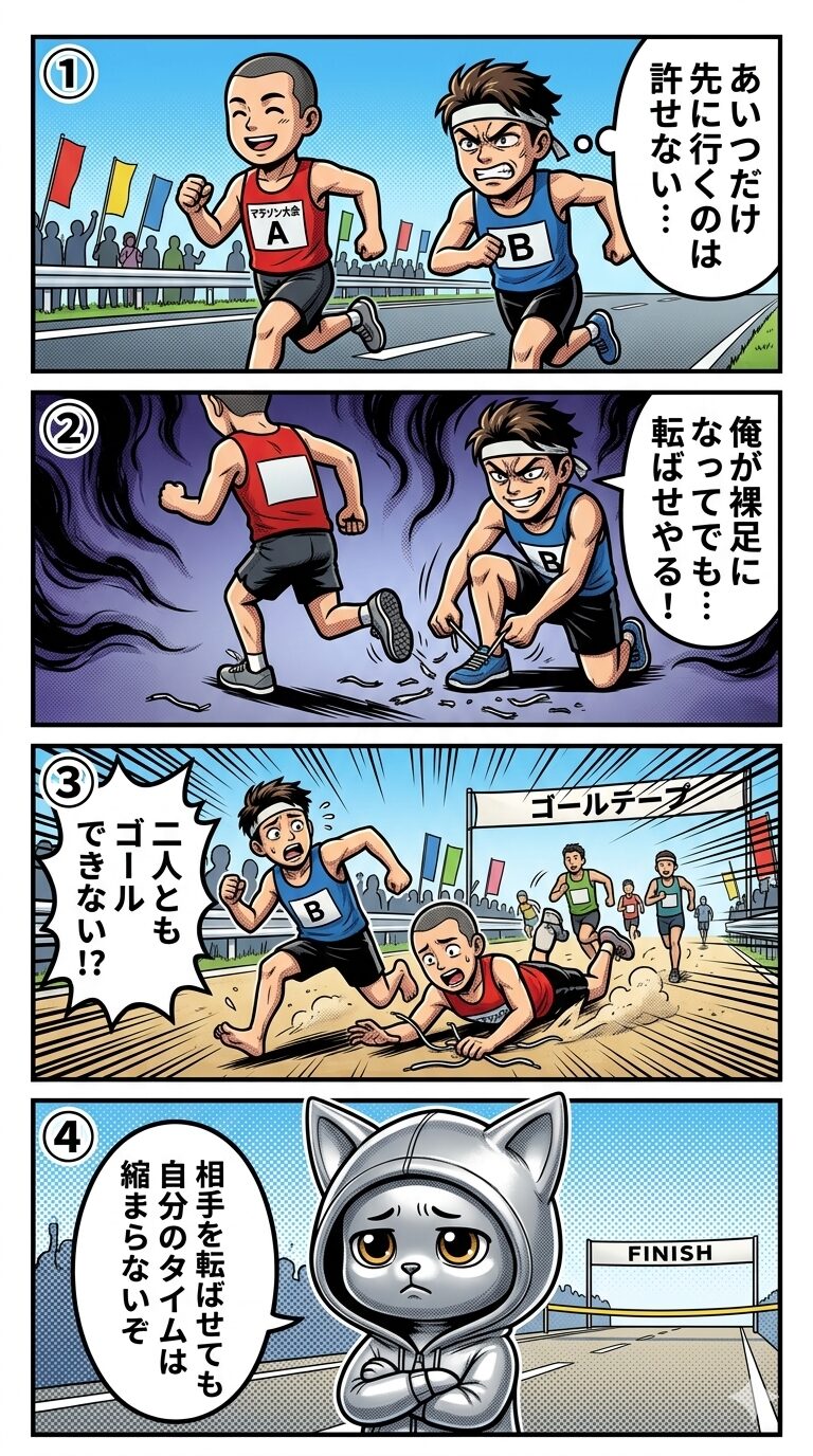 スパイト行動の心理をマラソン大会に例えた4コマ漫画。相手を転ばせるために自分の靴紐を犠牲にした結果、二人とも脱落する展開でスパイト行動の損失構造を描いている。