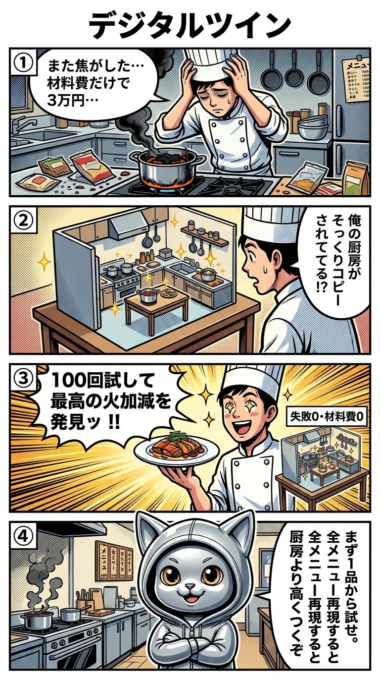 デジタルツインの仕組みを料理の試作に例えた4コマ漫画。現実の厨房をミニチュアでコピーし、仮想空間で何度でも試作できるメリットと、導入時は小さく始める重要性を解説するイラスト