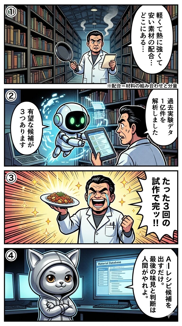 数万冊のレシピ本の中から最適な配合をAIが瞬時に絞り込む4コマ漫画。マテリアルズ・インフォマティクスが材料開発の試行錯誤を劇的に短縮する仕組みを描いている。