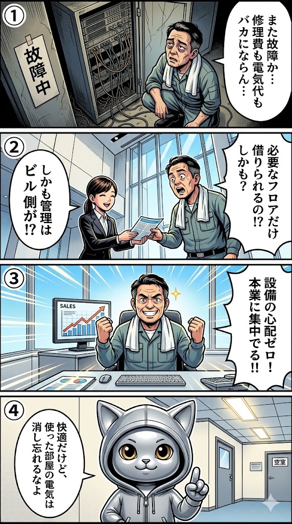 AWSを貸しビルに例えた4コマ漫画。自社サーバーの維持管理に疲弊した社長が、必要なフロアだけ借りられる貸しビルの仕組みに感動し本業に集中できるようになる事例。