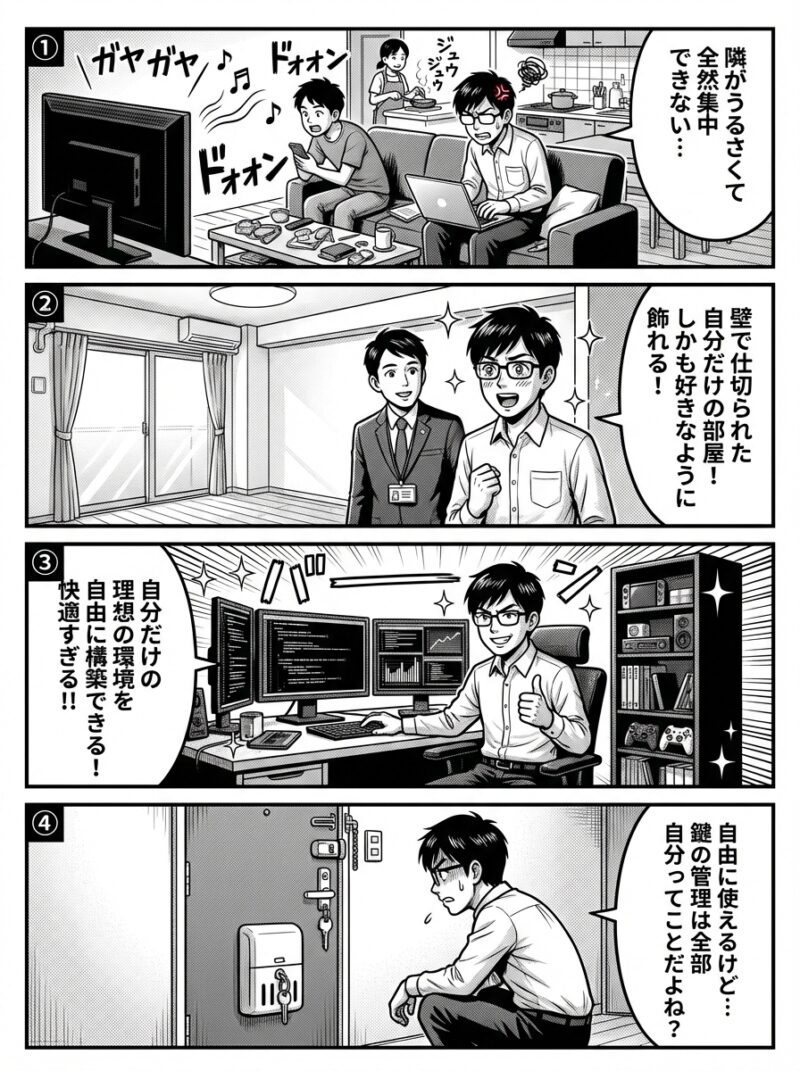 VPSの仕組みと自由度をシェアハウスからマンションへの引っ越しに例えセキュリティの自己責任を解説する4コマ漫画